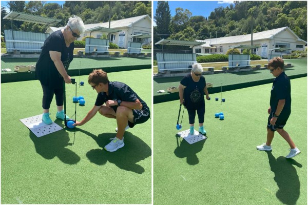 Two photos. Photo on left shows older woman gets help with lawn bowls with woman on right placing ball in sling. Second photo shows woman on left in motion to swing lawn bowl sling. 