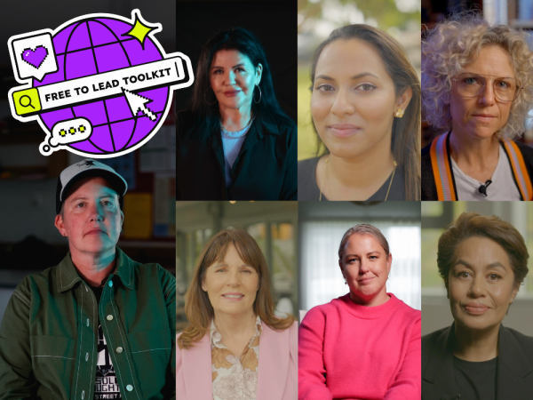 Top lefthand side "Free to Lead Toolkit". The logo is a globe with pixelated emojis. Seven diverse women looking at the camera with neutral expressions.