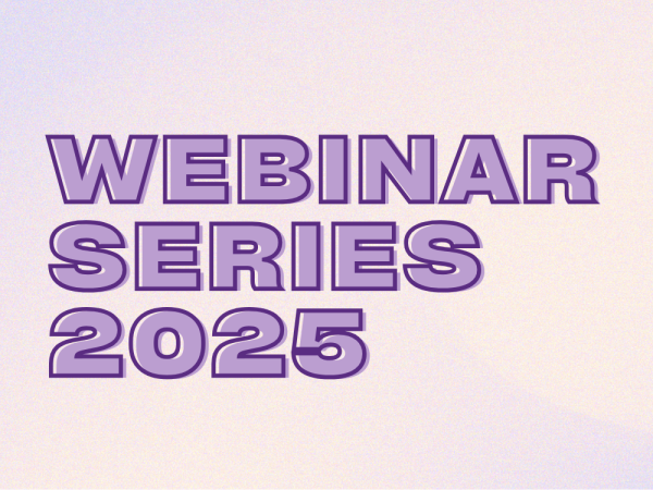 Purple and orange gradient background with bold purple text saying "webinar series 2025"