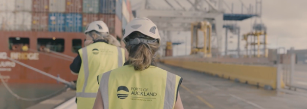 Two women wear yellow hi-vis vests and hard hats while walking outside on a port with shipping containers ad cranes.