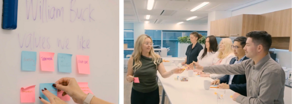 The lefthand side of the image shows a whiteboard saying 'William Buck values we like'. Underneath, there are blue and pink post it notes stuck to the whiteboard, with a woman's hands adding one to the list. The post its visible say team work and diversity. On the righthand side, a group of six people stand in a white kitchen writing the post it notes. A man is handing one to a woman to put on the whiteboard. 