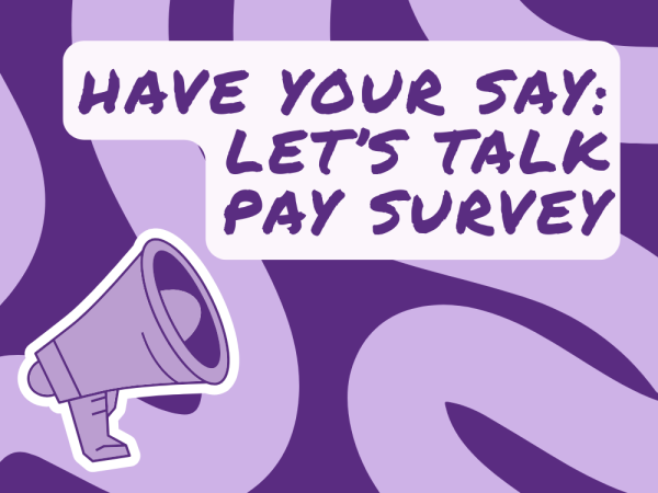 Have your say: let's talk pay survey. Dark purple background with thick pink squiggly lines. Pink and purple megaphone in the lower right corner with the text in the top right corner. 