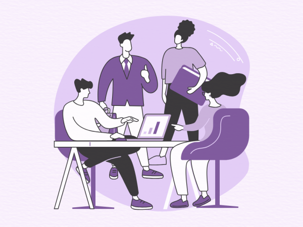 A purple, black and white cartoon image of four people gathered around a table with computers and books working. Cartoon is on a light purple background.
