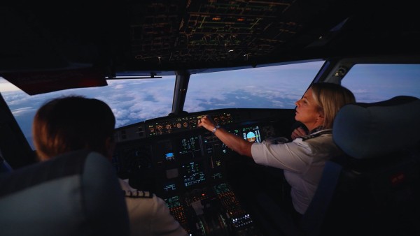 Two women flying a plane